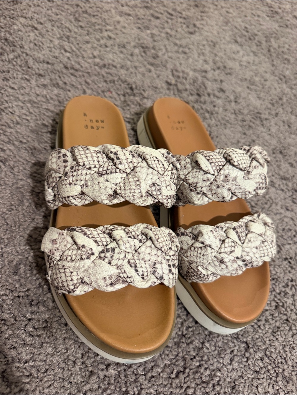 New Day Braided Double-Strap Slide Sandals in White Snake Print